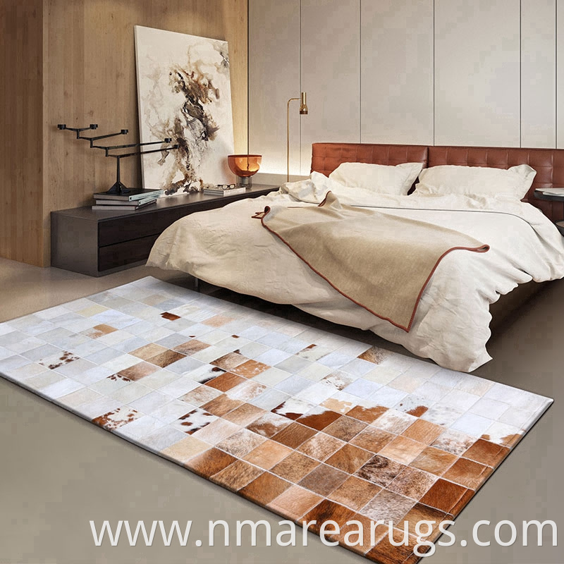 Home Hotel Cowhide Patchwork Leather Bedroom Bedside Floor Area Rugs Runner Rugs Floor Mats